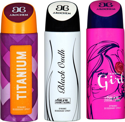 

arochem TITANIUM AND GIRL& BLACK OUDH 3 PACK COMBO DYNAMIC DEODORANT SPRAY Deodorant Spray - For Men & Women(600 ml, Pack of 3)