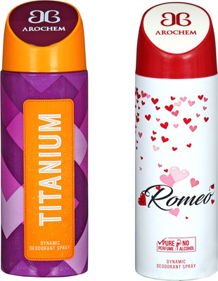 

arochem COMBO TITANIUM & ROMEO DYNAMIC DEODORANT SPRAY Body Spray - For Men & Women(400 ml, Pack of 2)