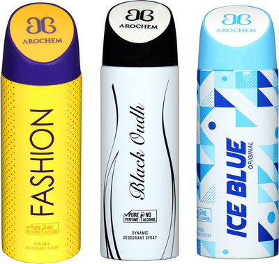 

arochem FASHION & ICE BLUE & BLACK OUDH 3 PACK COMBO DYNAMIC DEODORANT SPRAY Deodorant Spray - For Men & Women(600 ml, Pack of 3)