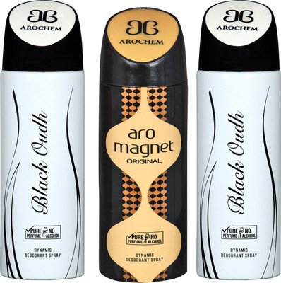 arochem BLACK OUDH-2 AND ARO MAGNET 3 PACK COMBO DYNAMIC DEODORANT SPRAY Deodorant Spray - For Men & Women(600 ml, Pack of 3)
