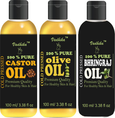 

Vadhika 100 % Pure Olive Oil and Bhringraj oil and Castor Oil Combo of 3 No.100 ml Bottles(300 ml) (300 ml) Hair Oil(300 ml)