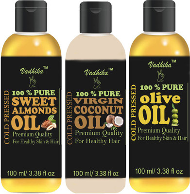 

Vadhika Cold Pressed Sweet almonds oil, Olive oil and Virgin Coconut oil Combo pack of 3 bottle of 100 ml(300 ml) Hair Oil(300 ml)