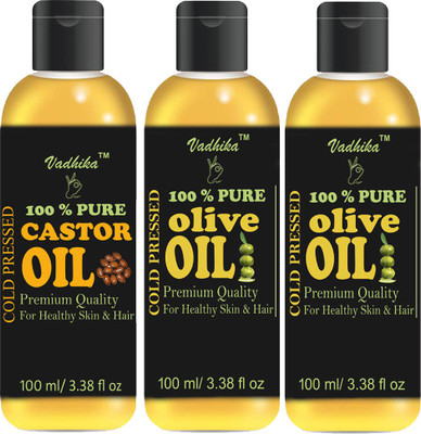 

Vadhika 100 % Pure & Natural Olive Oil And Castor Oil Combo Of 3 100 Ml Bottles(300 Ml) (300 Ml) Hair Oil(300 ml)