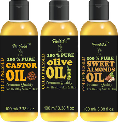 

Vadhika 100 % Pure Olive Oil and Sweet Almond oil and Castor Oil Combo of 3 No.100 ml Bottles(300 ml) (300 ml) Hair Oil(300 ml)