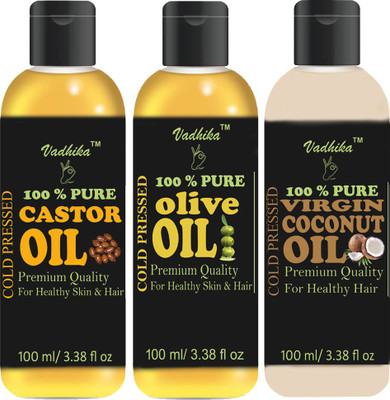 

Vadhika Premium Virgin Coconut oil, Olive oil and Castor oil combo of 3 bottles of 100 ml(300ml) (300 ml) Hair Oil(300 ml)