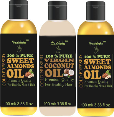 Vadhika 100 % Pure & Natural Virgin Coconut oil & Sweet Almonds oil Combo Of 3 100 Ml Bottles(300 Ml) Hair Oil(300 ml)