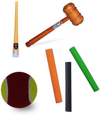 

CW Combo Cricket Bat Wooden Mallet Hammer for Knocking to Improve Bat Three Bat Grip and One Cone Set With One Free Tennis Ball Cricket Kit