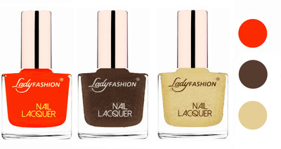 

Lady Fashion Extra Shine Extra Long Stay Chip Resistant Nail Polish (Set Of 3) Juicy Orange,Mettalic Brown,Mettalic Gold(Pack of 3)
