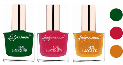 

Lady Fashion Extra Shine Extra Long Stay Chip Resistant Nail Polish (Set Of 3) Dark Green,Abricoat Rose,Golden(Pack of 3)