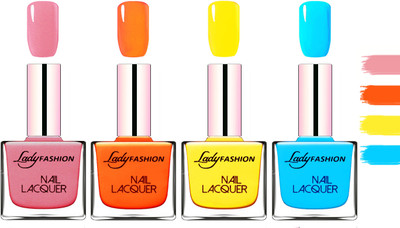 

Lady Fashion Extra Shine Extra Long Stay Chip Resistant Nail Polish Silky Pink,Juice Orange,Yellow,Sky Blue(Pack of 4)