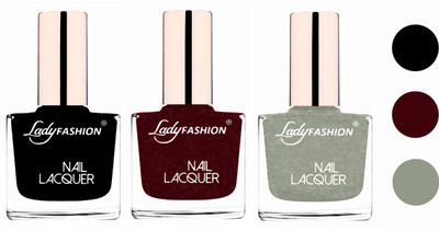 

Lady Fashion Extra Shine Extra Long Stay Chip Resistant Nail Polish (Set Of 3) Black,Maroon,Grey(Pack of 3)