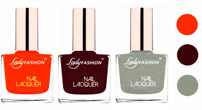 

Lady Fashion Extra Shine Extra Long Stay Chip Resistant Nail Polish (Set Of 3) Juicy Orange,Maroon,Grey(Pack of 3)