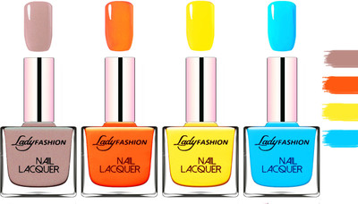 

Lady Fashion Extra Shine Extra Long Stay Chip Resistant Nail Polish Silky Purple,Juice Orange,Yellow,Sky Blue(Pack of 4)