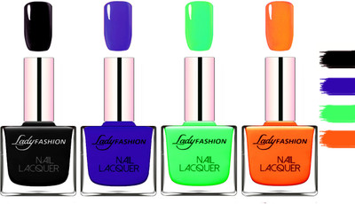 

Lady Fashion Extra Shine Extra Long Stay Chip Resistant Nail Polish Black,Blue,Light Green,Juice Orange(Pack of 4)