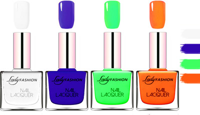 

Lady Fashion Extra Shine Extra Long Stay Chip Resistant Nail Polish White,Blue,Light Green,Juice Orange(Pack of 4)