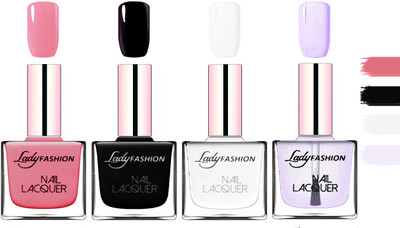 

Lady Fashion Extra Shine Extra Long Stay Chip Resistant Nail Polish Silky Pink,Black,White,Top Coat(Pack of 4)
