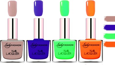 Lady FASHION Extra Shine Extra Long Stay Chip Resistant Nail Polish Silky Purple,Violet,Light Green,Juice Orange(Pack of 4)