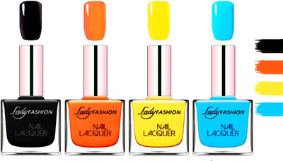 

Lady Fashion Extra Shine Extra Long Stay Chip Resistant Nail Polish Black,Juice Orange,Yellow,Sky Blue(Pack of 4)