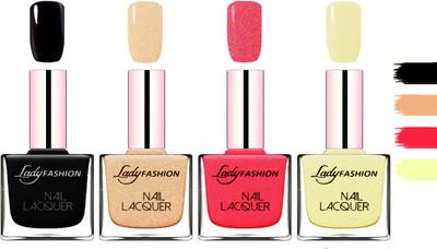 

Lady Fashion Extra Shine Extra Long Stay Chip Resistant Nail Polish Black,Beach Nude,Bright Pink,Mettalic Gold(Pack of 4)