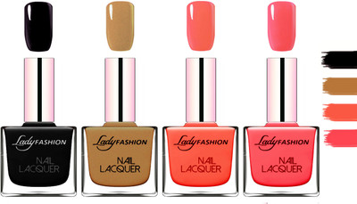 

Lady Fashion Extra Shine Extra Long Stay Chip Resistant Nail Polish Black,Mettalic Brown,Light Orange,Baby Pink(Pack of 4)