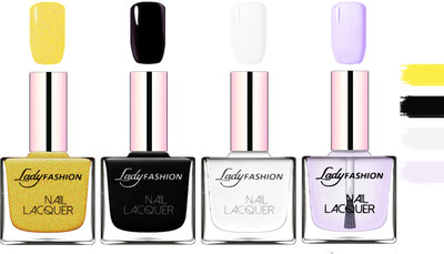 

Lady Fashion Extra Shine Extra Long Stay Chip Resistant Nail Polish Golden,Black,White,Top Coat(Pack of 4)