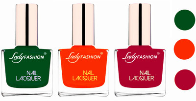 

Lady Fashion Extra Shine Extra Long Stay Chip Resistant Nail Polish (Set Of 3) Dark Green,Juicy Orange,Pink(Pack of 3)