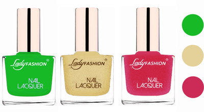 

Lady Fashion Extra Shine Extra Long Stay Chip Resistant Nail Polish (Set Of 3) Light Green,Mettalic Gold,Mettalic Pink(Pack of 3)
