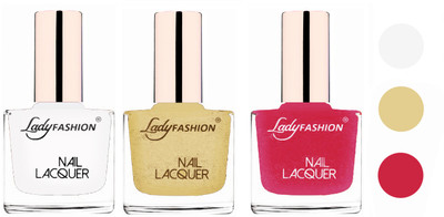 

Lady Fashion Extra Shine Extra Long Stay Chip Resistant Nail Polish (Set Of 3) White,Mettalic Gold,Mettalic Pink(Pack of 3)