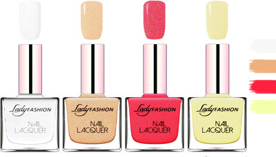 

Lady Fashion Extra Shine Extra Long Stay Chip Resistant Nail Polish White,Beach Nude,Bright Pink,Mettalic Gold(Pack of 4)