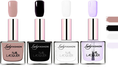 

Lady Fashion Extra Shine Extra Long Stay Chip Resistant Nail Polish Silky Purple,Black,White,Top Coat(Pack of 4)