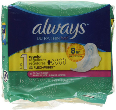 

Always Ultra Thin, Size 1, Regular Pads With Wings, Scented, 16 Count, Packaging May Vary Sanitary Pad