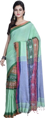 Rukmini Boutique Embroidered Handloom Cotton Blend Saree(Green)