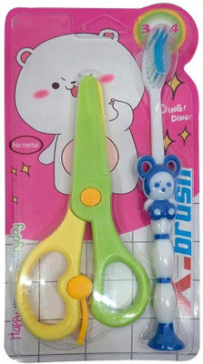 

Prime New Designed Combo in Kids Accessories Tooth Brush with Plastic Scissors for Craft, Multicolor Soft Toothbrush