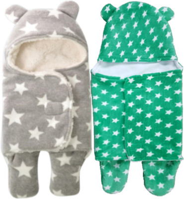 

Brandonn Printed  Hooded Baby Blanket(Woollen Blend, Green , Grey