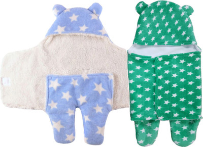 

Brandonn Printed  Hooded Baby Blanket(Woollen Blend, Green , Blue