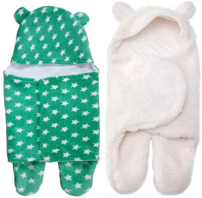 Brandonn Printed  Hooded Baby Blanket(Woollen Blend, Green , White