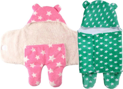 

Brandonn Printed  Hooded Baby Blanket(Woollen Blend, Green , Pink