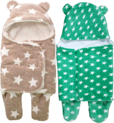 

Brandonn Printed  Hooded Baby Blanket(Woollen Blend, Green , Beige