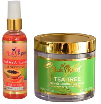Pink Root PAPAYA FACE WASH 100ML WITH TEA TREE MASK 100GM(Set of 2)