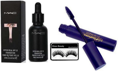 

divas beauty Eyelashes & Mac Padma Mascara, Hyper Real SPF 15 Foundation(Set of 3)