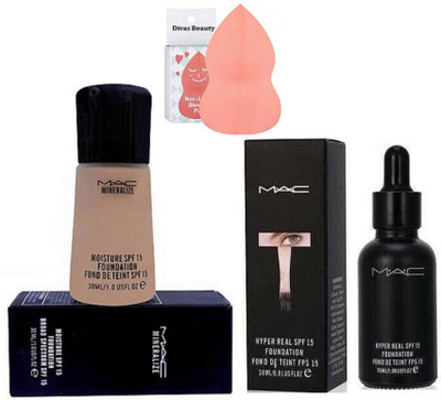 

divas beauty Sponge Puff, Mac Mineralize Moisture Liquid Foundation With Hyper Real SPF 15 Foundation(Set of 3)