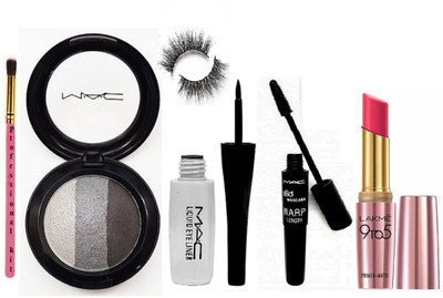 

Professional kit makeup brush , mac eye shadow fard a joues mineralize, liquid eyeliner & 180 wrap mascara with lakme 9 to 5 primer +matte lipstick & eyelashes(Set of 6)