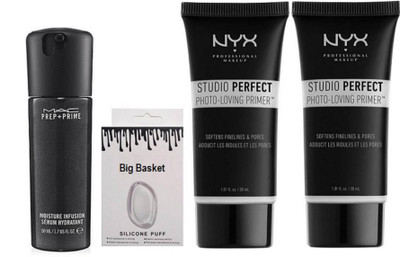 

big Basket Silicon puff & NYX studio perfect photo loving primer set of 2& Mac Pre+Primer Moisture Infusion Serum Hydratant(Set of 4)