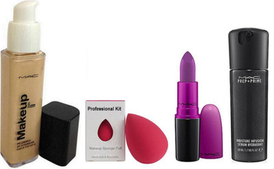 

Professional kit Sponge puff,Make Up Pro Long wear spf 10 found de teint Foundation 55gm with Long lasting Matte Finish Heroine Lipstick& Pre+Primer Moisture Infusion Serum Hydratant(Set of 4)