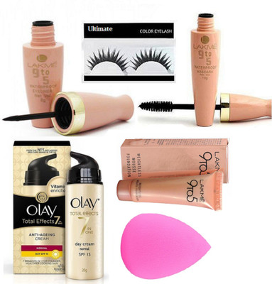 Ultimate Eyelashes With Sponge Puff, olay Cream,9to5 Mousse Foundation,Eyeliner And Mascara(Set of 6)