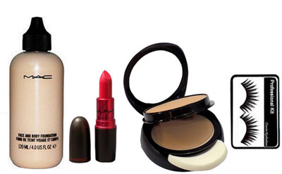 

Professional kit Eyelashes and Face & Body Foundation and Compact and Lady Gaga Lipstick(Set of 4)