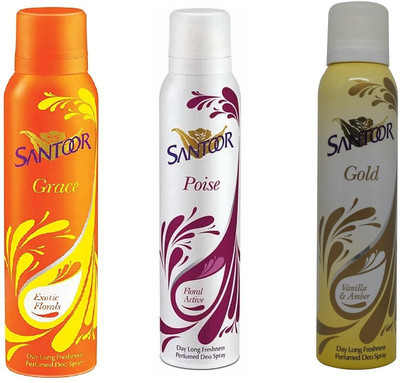 

SANTOOR GRACE & POISE & GOLD Deodorant Spray - For Men & Women(150 ml, Pack of 3)
