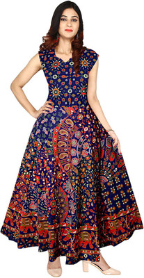 JWF Women Gown Dark Blue, Orange Dress