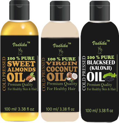 

Vadhika Cold Pressed Sweet Almonds oil, Blackseed(kalonji) oil and Virgin Coconut oil Combo pack of 3 bottle of 100 ml(300 ml) Hair Oil(300 ml)