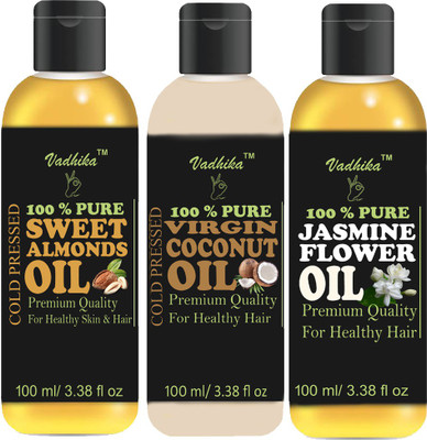 

Vadhika Premium Virgin Coconut oil, Sweet Almond oil and Jasmine Flower oil combo of 3 bottles of 100 ml(300ml) Hair Oil(300 ml)